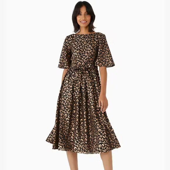 Kate Spade - Black & Rose Gold Leopard Print Midi Dress Sz 6 - Picture 2 of 16